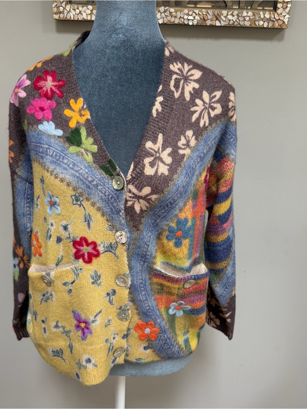 John Mark Button Down Cardigan Women Petite Med Knit Multi Floral Boho Patchwork